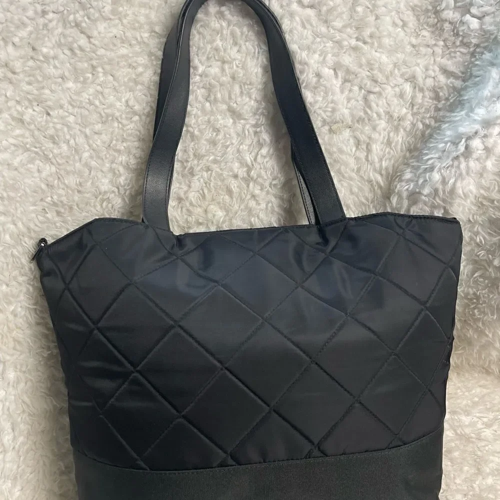 Paper Clip Black Nylon Quilted Large Diaper Bag silver tone hardwares.